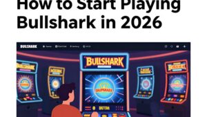 Современная иллюстрация игровых автоматов Bullshark для руководства начинающих игроков в стиле цифрового арта